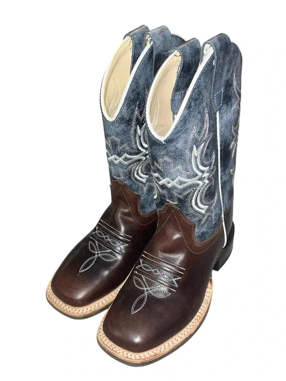 Old West Boys Square Toe Brown Leather Cowboy Boots - Size 13D